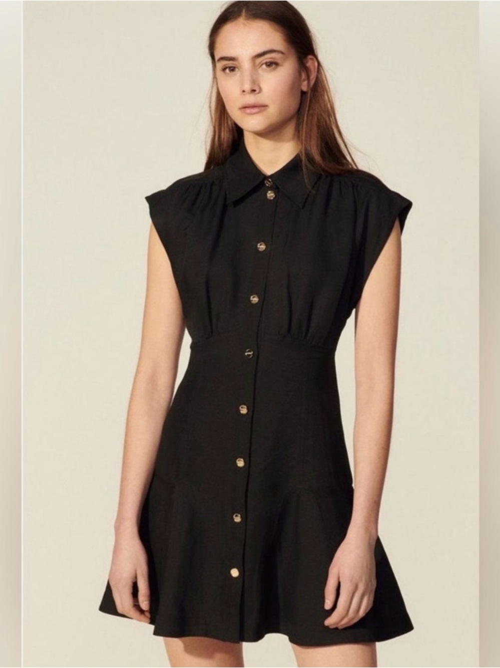 Sandro Josephine Black Button-Front Cap Sleeve Mini Dress